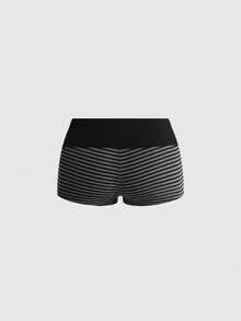 ROMWE Grunge Punk Summer Y2K Slogan Print Black & Gray Striped Fitted Tube Top & Folded Waist Ultra Low Waist Mini Shorts 2pcs Set - Black - View 6