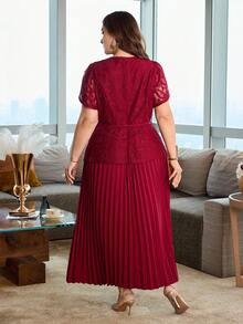 Modelyn Plus Size Women's Round Neck Lace Waist Tie Pleated Casual Date Outing Summer Dress - Burgundy - View 2