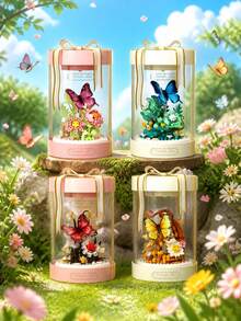 POKOJA LAND Vackra byggklossar med fjärils- och blommotiv med akrylskydd mot damm, exklusiv förpackning, skrivbordsdekoration, insekts- och blomkloss-set, idealisk present till födelsedag, jul och alla högtider - Multifärgad - Visa 1