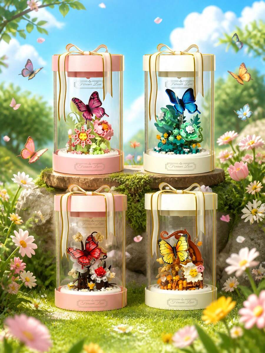 POKOJA LAND Vackra byggklossar med fjärils- och blommotiv med akrylskydd mot damm, exklusiv förpackning, skrivbordsdekoration, insekts- och blomkloss-set, idealisk present till födelsedag, jul och alla högtider - Multifärgad - Visa 1