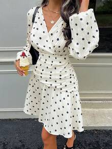 SHEIN Frenchy Women's Elegant French Vintage Polka Dot V-Neck Wrap Ruched Puff Sleeve Mini Dress Going Out Picnic Brunch Back To School Business Autumn Black White - Multicolor - View 10