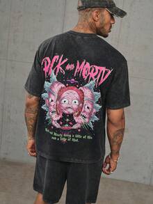 Rick and Morty X SHEIN Conjunto de camiseta de cuello redondo de manga corta con estampado de letras estilo hip hop y pantalones cortos con bolsillo para hombres - Negro - Ver 3