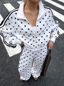 SHEIN 2件組時尚休閒街頭風女款/青少年新款白色拼接飾邊拉鍊立領夾克與寬鬆長褲套裝，適合冬季 - 白色 - 查看 9