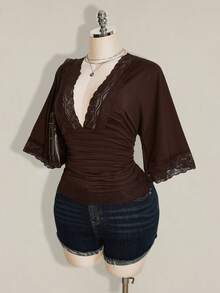 SHEIN ICON Women's Plus Size Retro Sexy Millennial Style Y2K Simple Casual Elegant Commuter Urban Modern Lace P - Brown - View 4