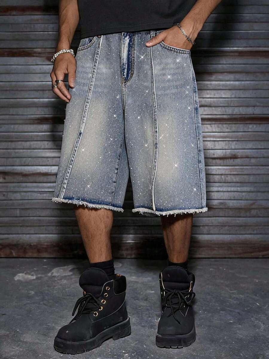 AXEPEAK Men's Casual Denim Shorts With Pockets & Rhinestone Decor - Blue - View 1