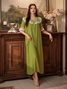PalaceNights Palace Style Embroidered Floral Lace Patchwork V-Neck Button Front Short Sleeve Nightgown - Olive Green - View 1