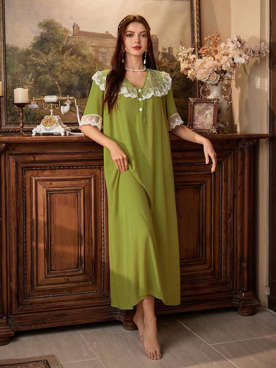 PalaceNights Palace Style Embroidered Floral Lace Patchwork V-Neck Button Front Short Sleeve Nightgown - Olive Green - View 1