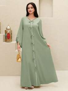 Yasmyna Women's Contrast Color Trim Bow Decor Elegant Long Sleeve Turkish Maxi Dress - Green - View 10