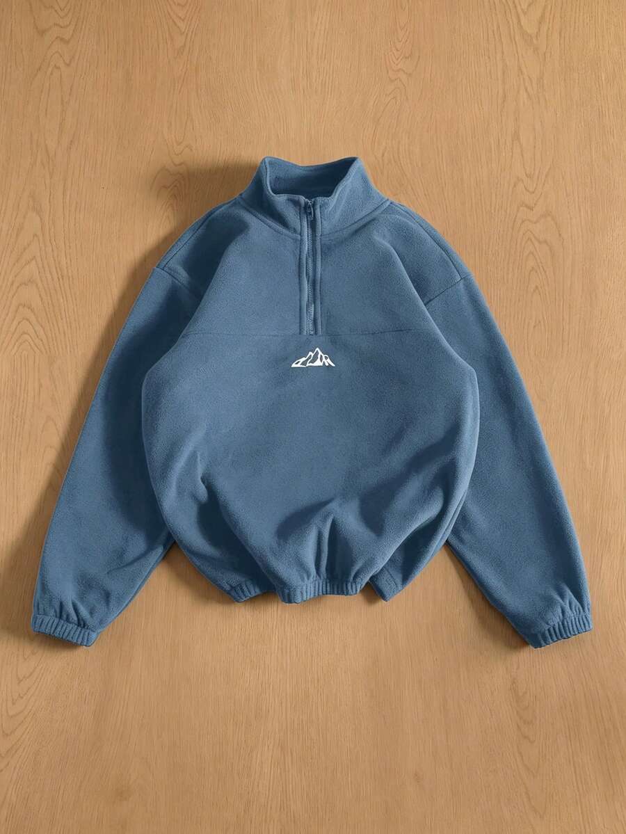 Manfinity Hypemode Men Loose Mountain Embroidery Half Zip Fleece Sweatshirt Without Tee , For Fall Winter, Long Sleeve Top - Baby Blue - View 1