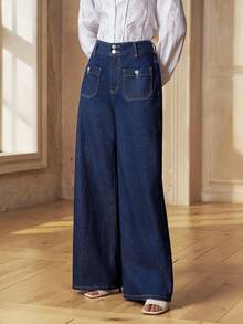 Selenza Women's Casual Versatile Everyday Denim Jeans With Pockets And Buttons Office Dark Blue Summer - Blue - View 4