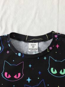 SHEIN Tween Girl Tween Girl Fluorescent Cartoon Cat Pattern Long Sleeve Pants Casual Comfortable Home Sleepwear Set 2pcs Tight Fall/Winter Outfits - Multicolor - View 5