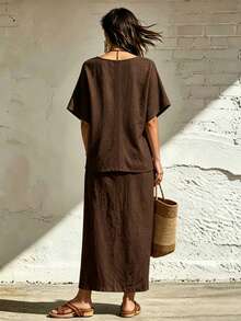 SHEIN Holidaya Women's Solid Color Short Sleeve Top + Skirt 2 Pieces Set - Coffee Brown - View 2