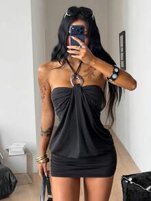 Vadaroq Y2K 女士性感紧身露背迷你连衣裙,金属扣装饰,黑色,大胆性感,适合锐舞派对、音乐节等场合,夏季女装 - 黑色 - 查看 7