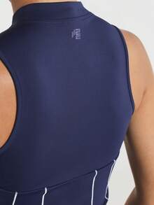11SKNDS Sleeveless Mock Neck Half-Zip Athletic Tank Top With Contrast Piping Detail And Structured Corset-Style Waist Panel With Sweat-Wicking, Stretchy, Breathable, Quick-Dry & Buttery-Soft, For Gym Workout Fitness Yoga Pilates Studio, Running, Training & Hy-Rox - Royal Blue - View 5