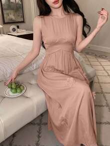 DAZY 3D Floral Decor Waist-Cinching Sleeveless Dress Summer Outfit Women's Nightgown - Pink - View 3