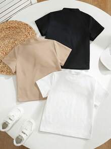 SHEIN 兒童 3件組 小男孩休閒風馬匹刺繡前鈕扣短袖亨利衫，適中厚度，適合夏季度假、日常穿著，四季皆宜 - 彩色 - 查看 2