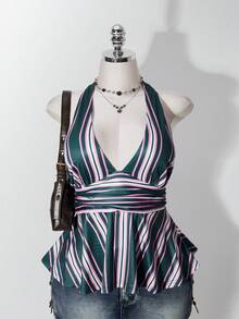 SHEIN ICON 女款大尺碼粉綠條紋掛脖上衣 - 彩色 - 查看 9