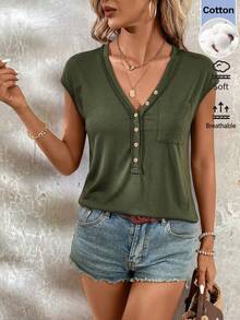 SHEIN LUNE Women's Casual Summer Vacation Commute Daily Basic Fashion Outing Outfit Short Sleeve V-Neck T-Shirt - Green - View 6