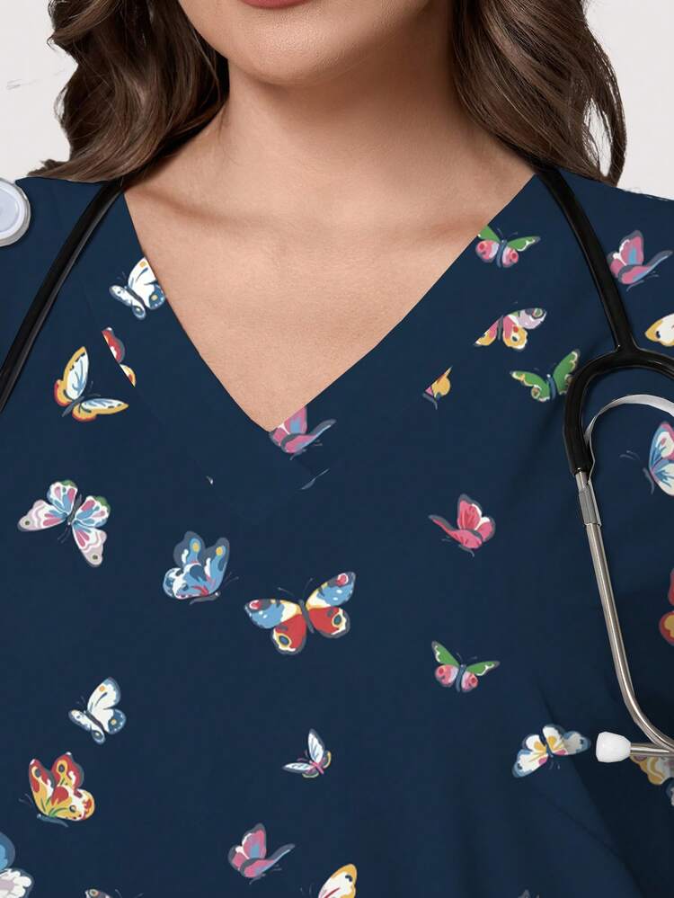 PopScrub Conjunto de uniforme médico casual de talla grande con estampado de mariposa y textura de acuarela en azul marino, top de trabajo para mujer con cuello en V, manga corta, doble bolsillo y diseño de bucle, primavera/verano - Multicolor - Añade 5
