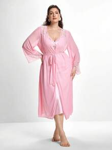 Slumbrini Set de 2 piezas de bata y camisón de pijama con parches de encaje de lujo, talla grande - Rosa - Ver 6