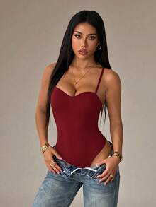 SHEIN PETITE 女款純色性感時尚細肩帶連身衣 - 酒紅色 - 查看 2
