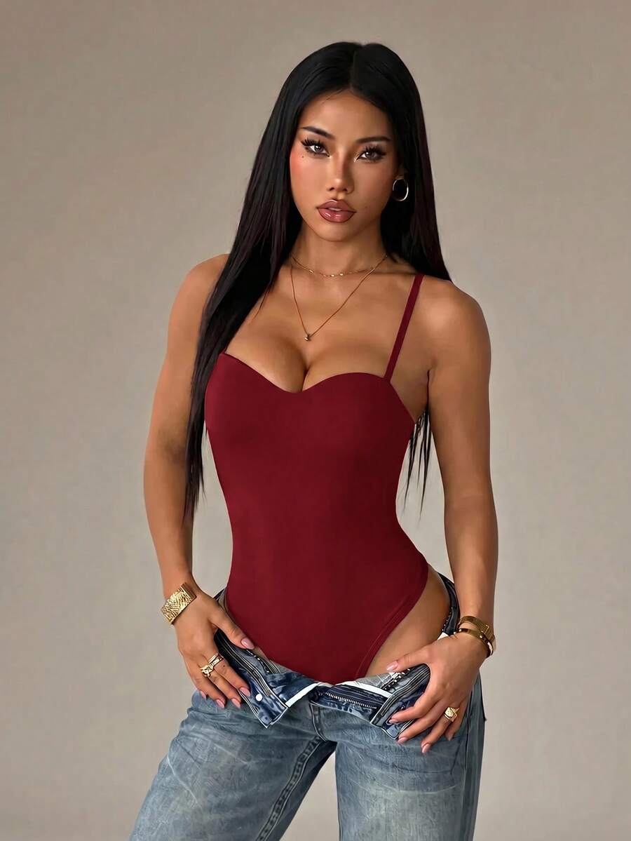 SHEIN PETITE Bodysuit Camisole Modis Seksi Warna Polos untuk Wanita - Burgundy - View 1