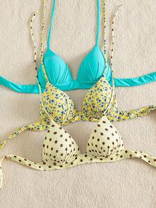 Swim Mod 女款 3 件組掛脖綁帶比基尼上衣套裝，黑色、波點、白色，高質感，多色可選，適合不同度假造型，夏季海灘度假泳裝 - 彩色 - 查看 5
