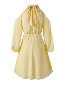 Teen Girl Sweet Solid Color Cold Shoulder Ruched Halter Neck Dress, Bodycon, Glow, Lantern, Square, Midi - Yellow - View 2