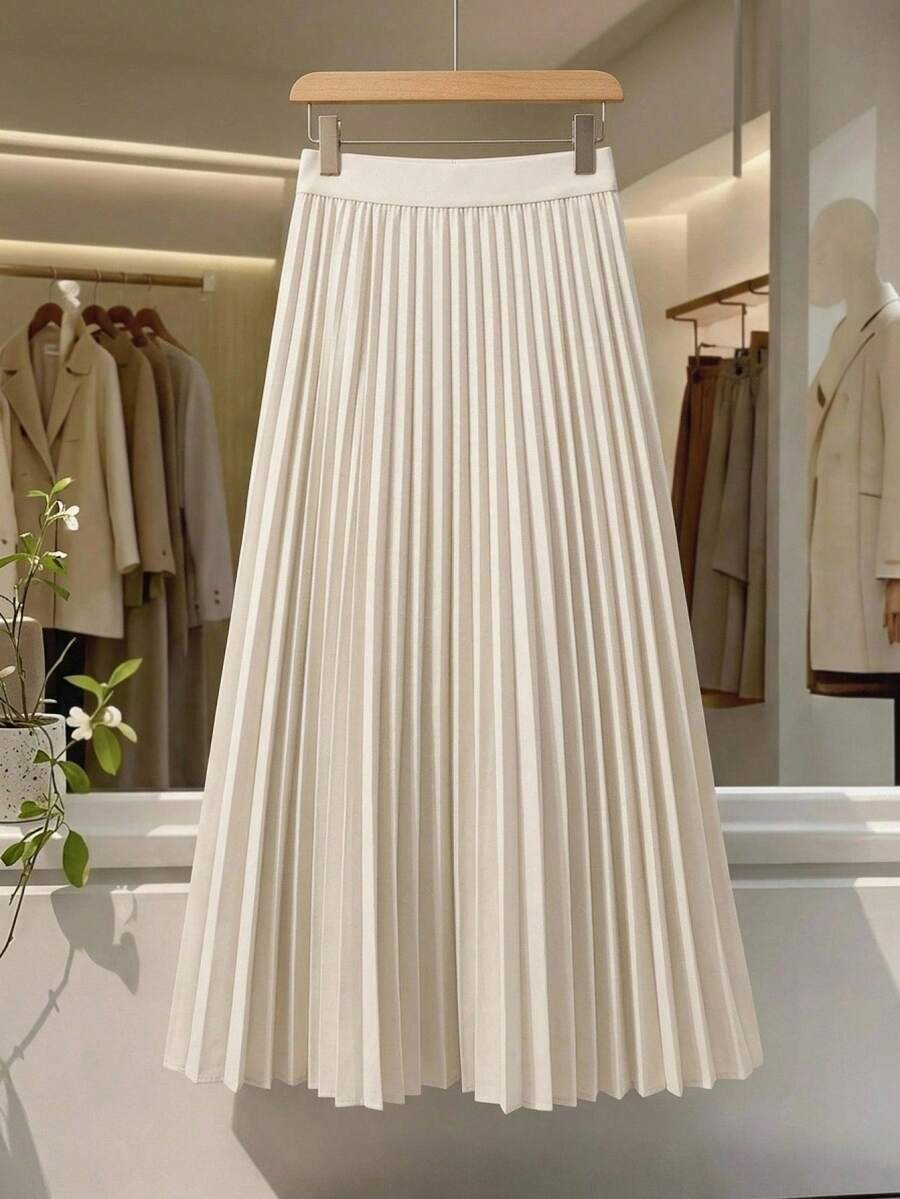 DAZY Elegant Solid Pleated Ladies' A-Line Skirt, Spring/Summer - Apricot - View 1