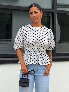 SAYEHFBABY Women's Polka Dot Print Petal Sleeve Shirt, Comfortable And Stylish For Commuting And Outings, Spring/Summer - Black and White - View 5