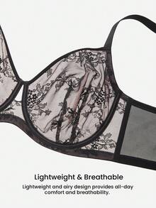 LUVLETTE Plus Soft Lingerie Lounge Curve Sheer Full Coverage Support&Breathable Underwire Keyhole Sexy Unlined Minimizer Black Allover Lace Elegance Bra Bridal - Black - View 6