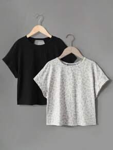 SHEIN Tween女孩 2件組休閒時尚露背交叉後背設計復古灰色豹紋圓領肩對肩短袖寬鬆版型T恤，返校季母女套裝童裝 - 彩色 - 查看 2