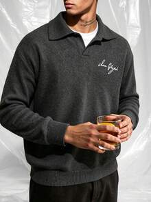 IRON GLYPH Men's Letter Print Long Sleeve Casual Commuter Polo Shirt, Formal - Black - View 2