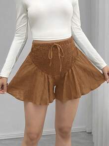 SHEIN Maternity Solid Color Drawstring Waist Ruched Casual Versatile Daily Wear Shorts - Brown - View 5