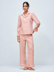 Softvol 波西米亚风印花棉质灯笼袖上衣和裤子女士睡衣套装，秋冬服装 - 粉色 - 查看 1