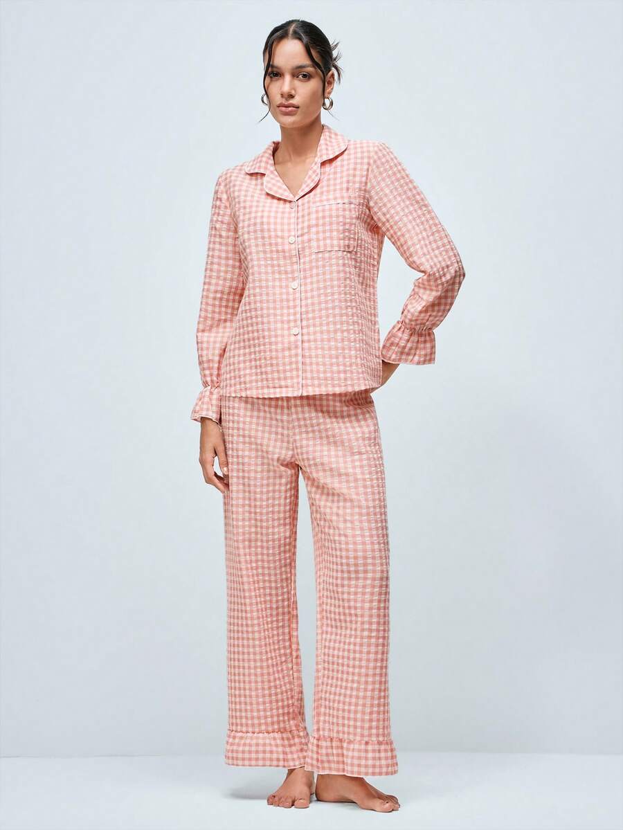 Softvol 波西米亚风印花棉质灯笼袖上衣和裤子女士睡衣套装,秋冬服装 - 粉色 - 查看 1