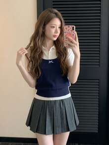 DAZY Women's Colorblock 2 In 1 3D Bow Decor Short Sleeve Knit Top - Blue - View 1