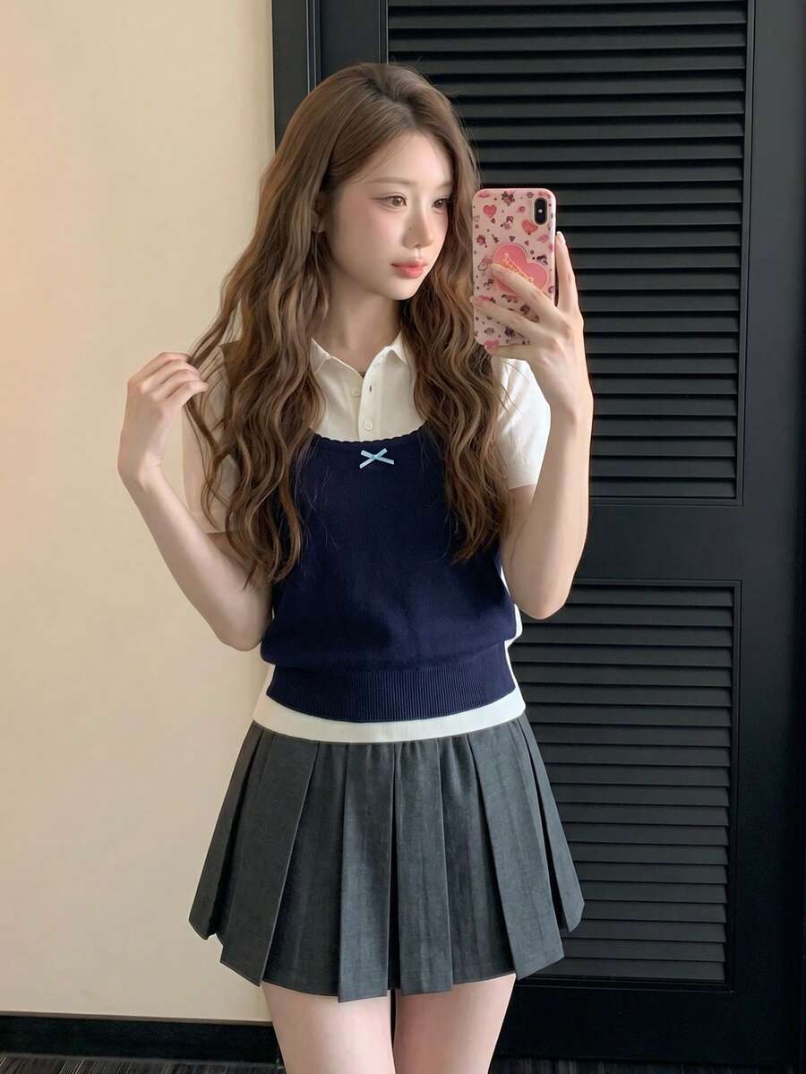 DAZY Women's Colorblock 2 In 1 3D Bow Decor Short Sleeve Knit Top - Blue - View 1