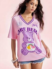 SHEIN X Care Bears Women's Letter Print V-Neck Raglan Short Sleeve T-Shirt, - Mauve Purple - View 5