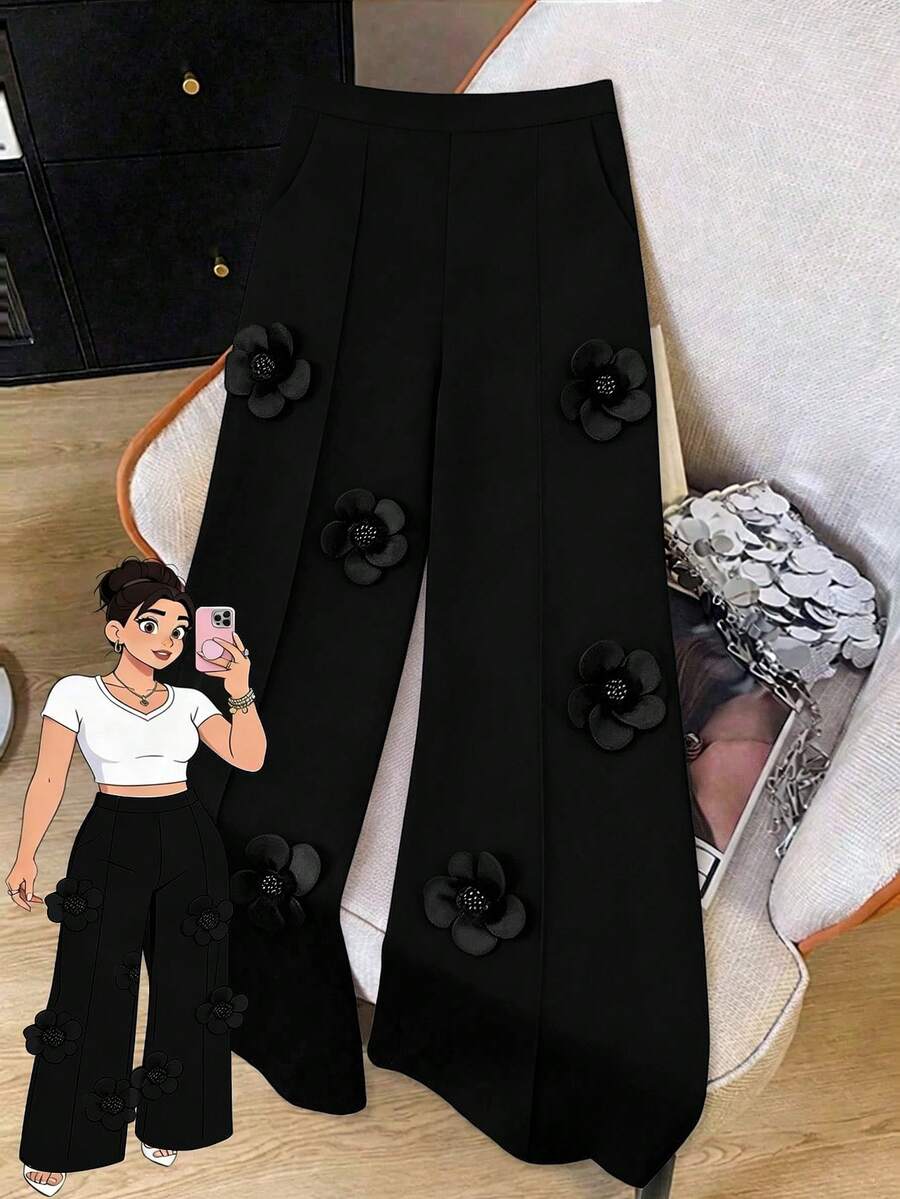 SHEIN Clasi Plus Size Women's Fashion Commuter Versatile Floral Decor Color Block Straight Leg Suit Pants - Black - View 1