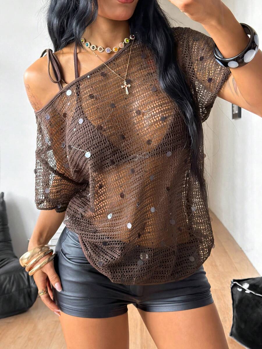 Coolane 女士夏季热带度假休闲装扮波西米亚风派对外出性感别致亮片罩衫棕色T恤