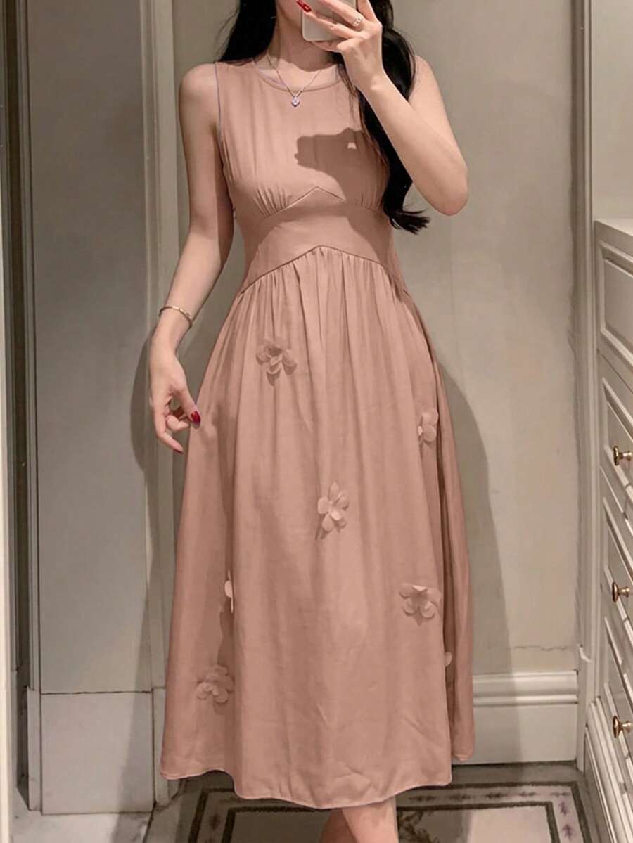DAZY 3D Floral Decor Waist-Cinching Sleeveless Dress Summer Outfit Women's Nightgown - Pink - View 1