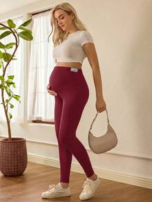 SHEIN 孕婦休閒百搭純色高腰內搭褲 - 紅色 - 查看 5
