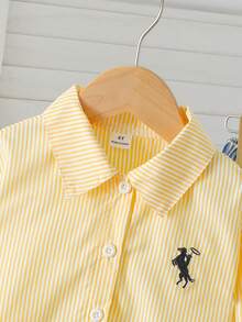 SHEIN Elladie kids 女童新款黃色條紋馬術圖案布料長袖休閒襯衫，適合日常休閒、優雅、度假、時尚、通勤與旅行穿搭 - 黃色 - 查看 9