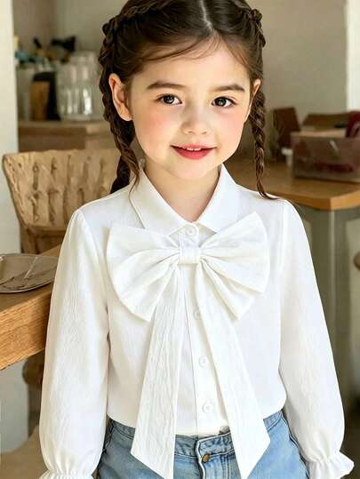 SHEIN Girls Elegant Big Bow Design Lapel Princess Long Sleeve Button-Down Single-Breasted Casual Fashion Shirt Suitable For School, Back-To-School, White