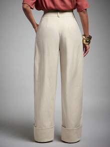 Vixey High Waist Fold Over Cuffed Hem Barrel Leg Trousers - Beige - View 2
