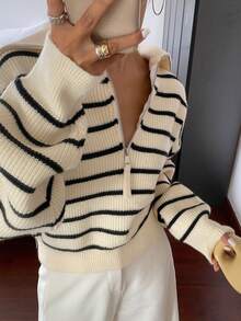 Dazy Tall Women's Loose Striped Casual Pullover Sweater Fall - Black and White - View 5