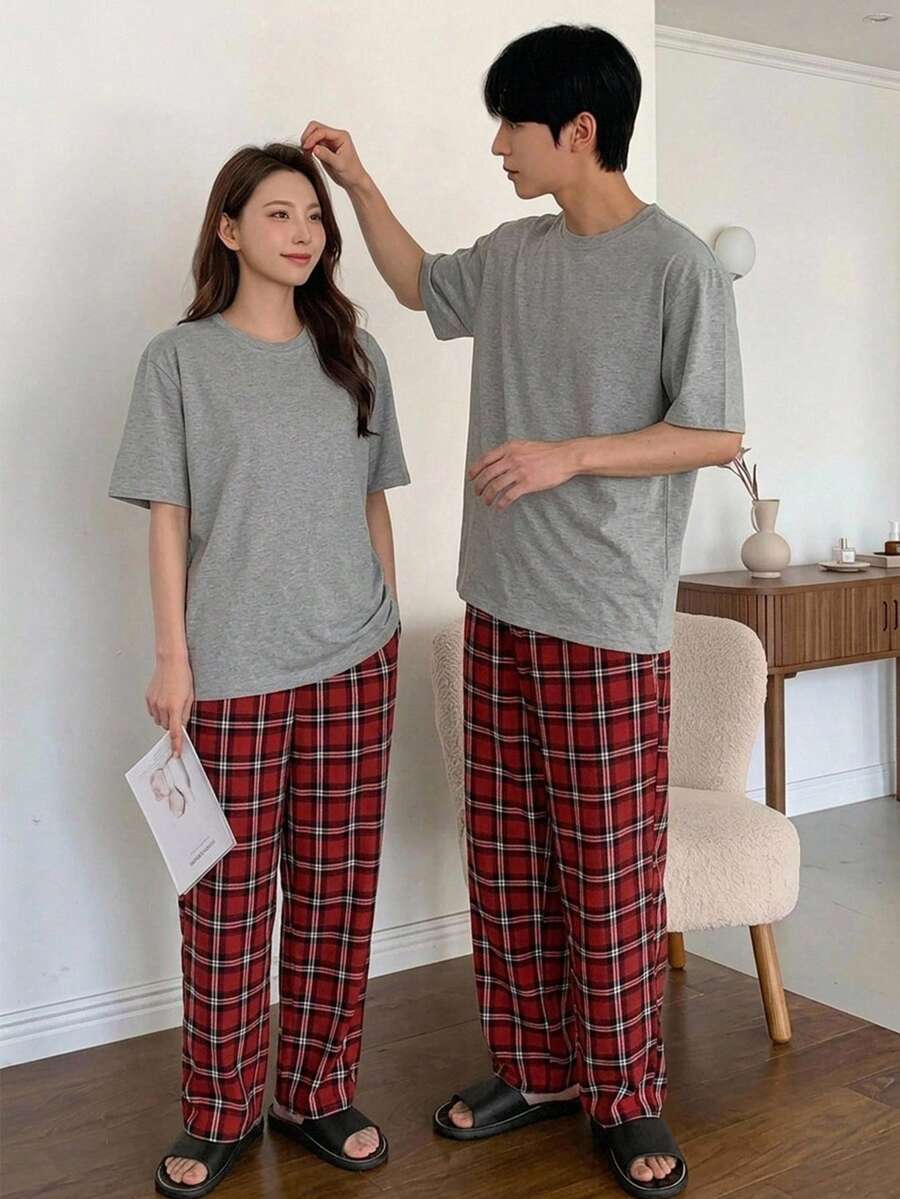 DAZY Grey T-Shirt Set With Men's Plaid Home Wear, Spring/Summer Pajama - Multicolor - View 1