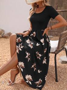 SHEIN Holidaya 女款素色印花拼接簡約日常長洋裝女裝套裝 - 黑色 - 查看 3