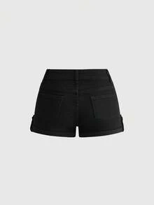 ROMWE Halloween Y2K Gothic Castle Medieval Napoleon Style Sexy Ultra Low Waist Women's Denim Shorts - Black - View 3